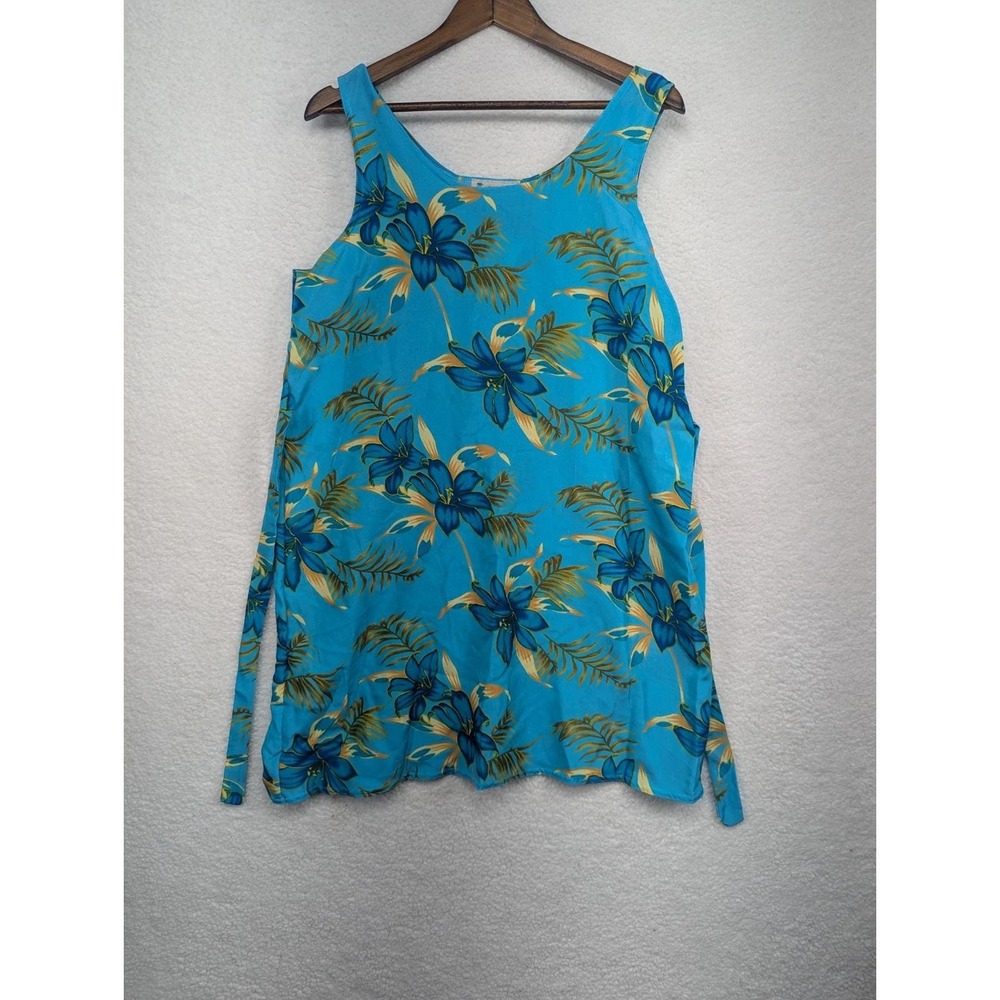 Vintage Island Girl Hawaiian Dress Womens Sleeveless Teal Leaves Print USA XL
